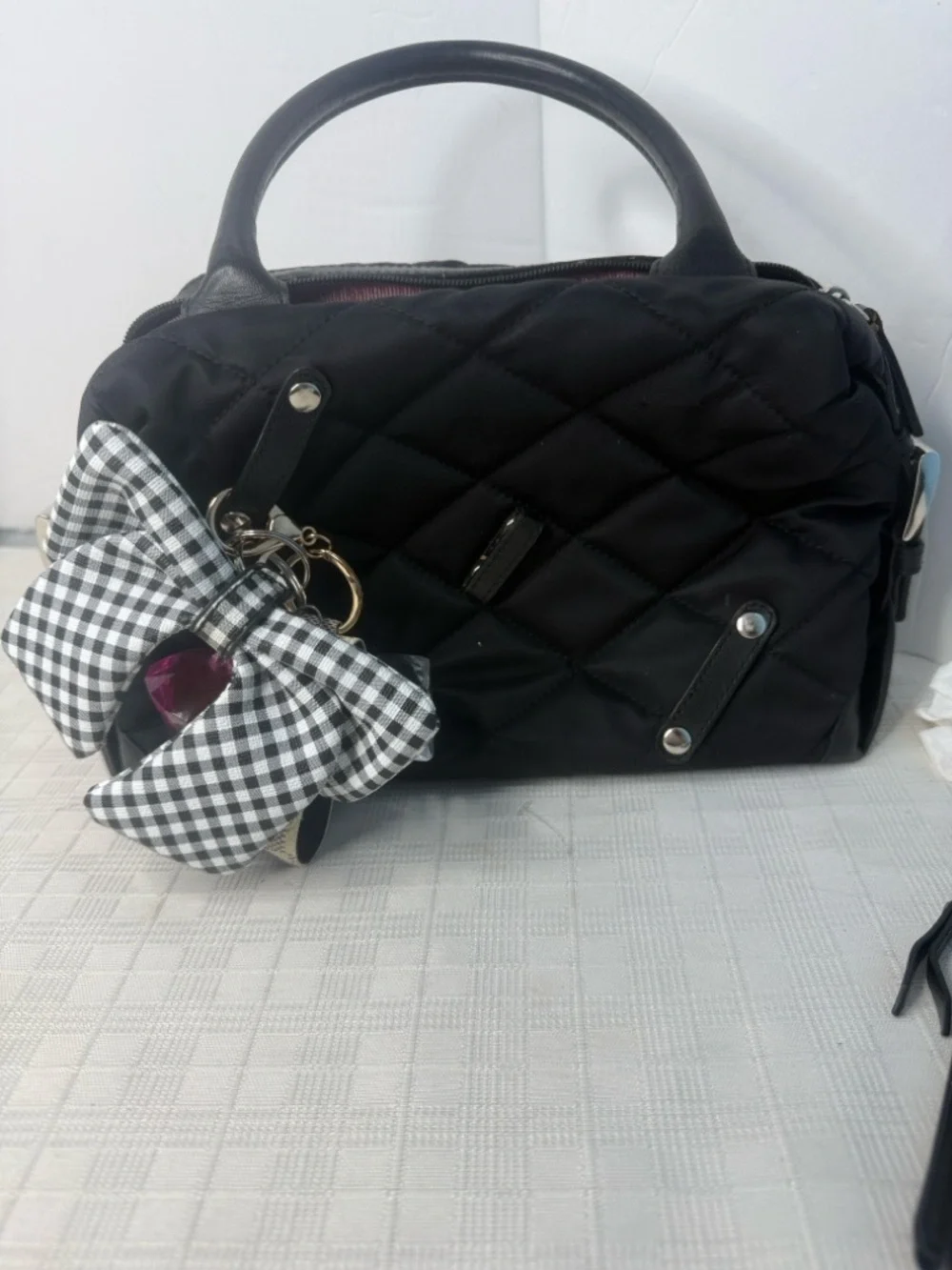 My flat in London Quilted Handbag with Black & White Gingham Bow Accent